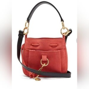 RARE See by Choe Tony Small Suede And Textured-leather Bucket Bag in rust Orange